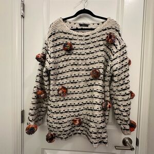 Zara Black and White Striped Sweater with Colorful Pom-Poms